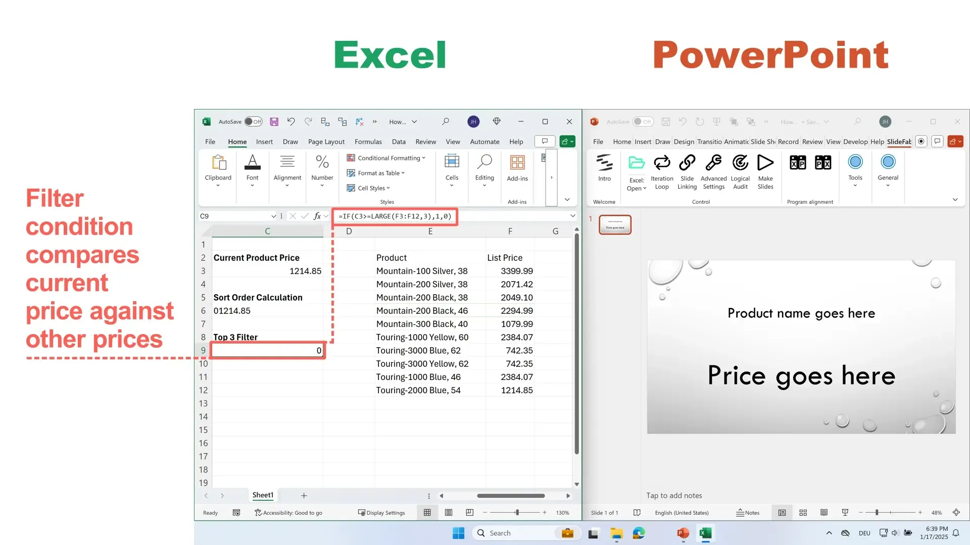 Ein Screenshot, der Excel und PowerPoint nebeneinander zeigt und erklärt, wie die Folienfilterbedingung in Excel aussehen muss