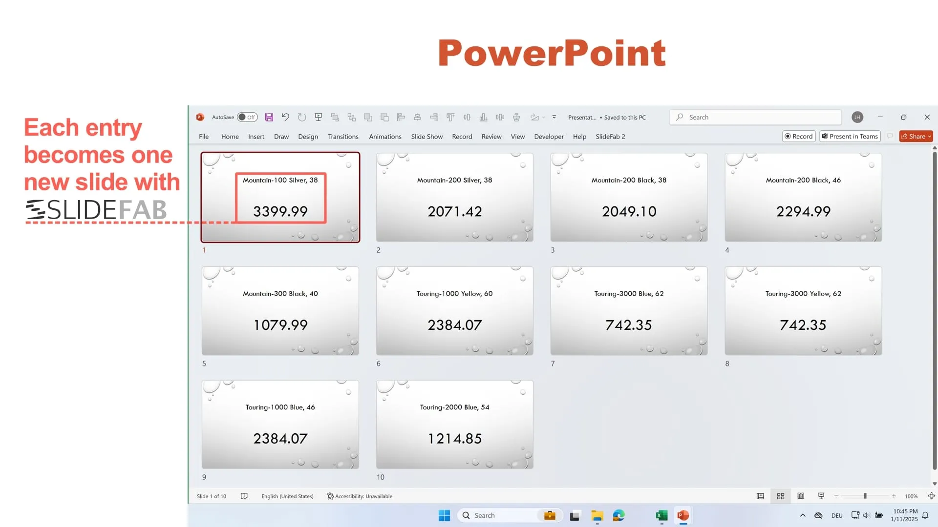 Ein Screenshot zeigt die mit SlideFab erstellten PowerPoint-Folien