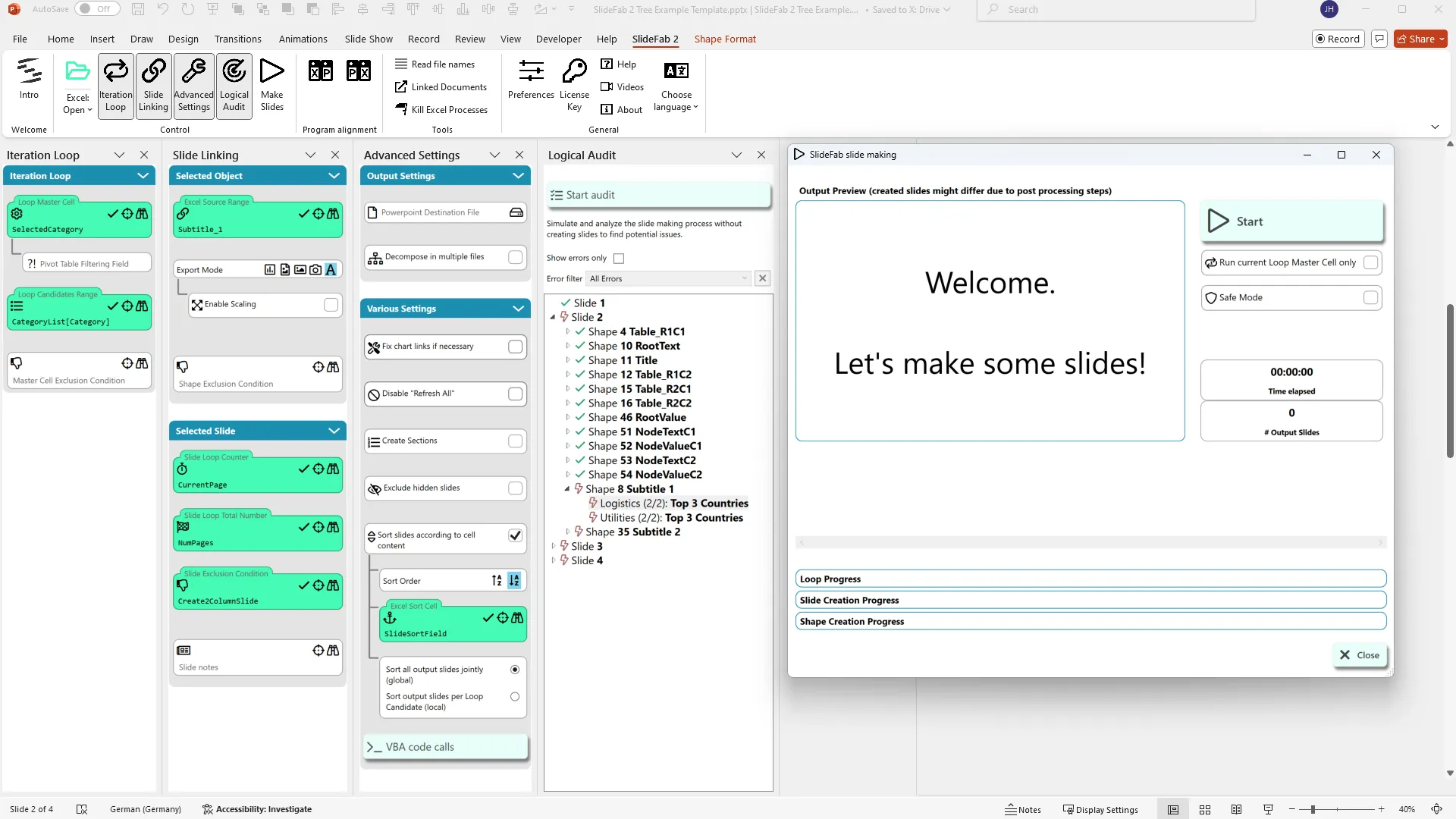 SlideFab in PowerPoint: an Excel workbook linked to a PowerPoint template, producing finished slides