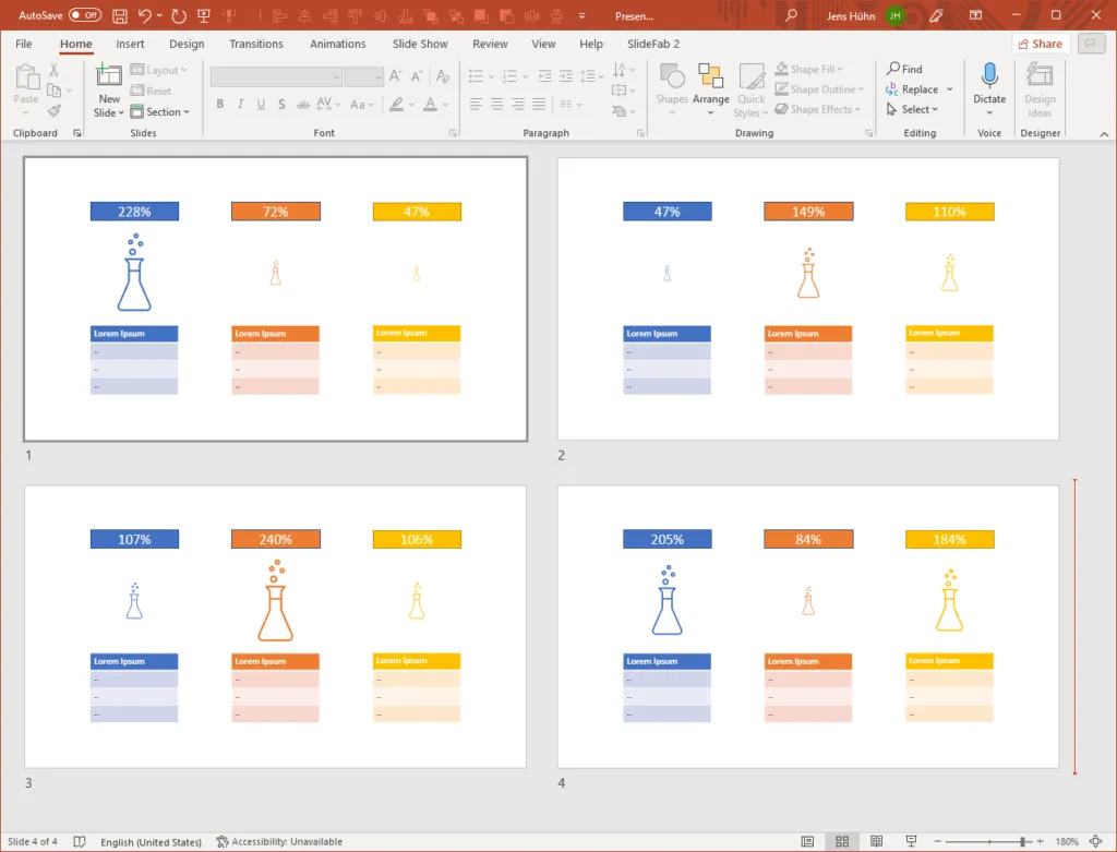 A screenshot from PowerPoint showing four created slides. It is an example of the shape scaling functionality of SlideFab