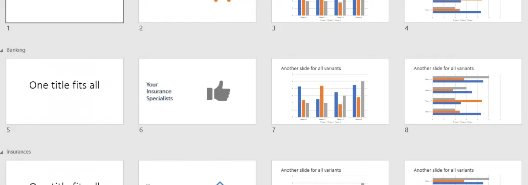 Output of the Slide Composition example showing one presentation for each industry