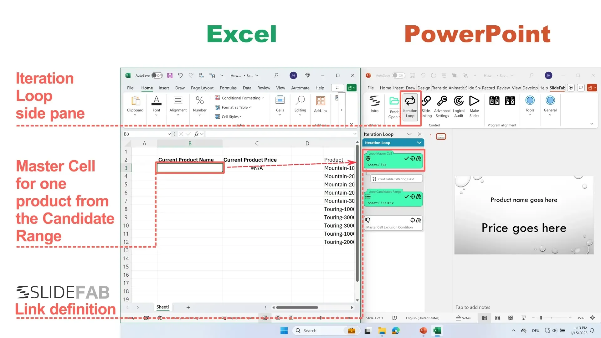 This screenshots shows Excel and PowerPoint and explains how the Master Cell is set up which is used for the PowerPoint slide automation.
