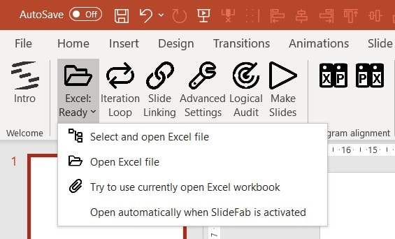 SlideFab ribbon button to connect the PowerPoint presentation with an Excel workbook