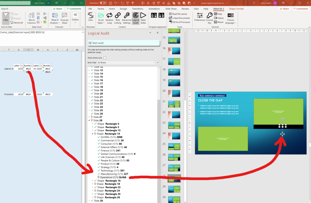 The Logical Audit feature runs the iteration loop and checks for potential issues without creating slides