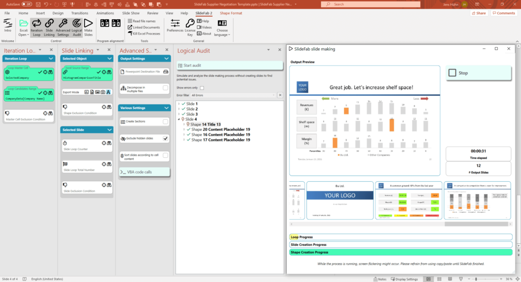 Screenshot showing all SlideFab panels and slide making window