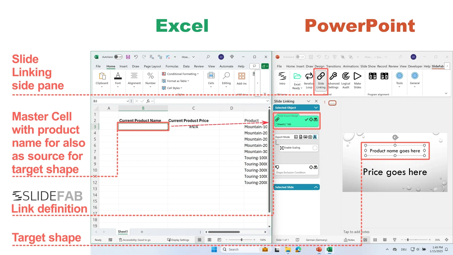 This screenshot shows Excel and PowerPoint. It shows how a cell in Excel is linked to a PowerPoint shape. Here it is for the field Name.