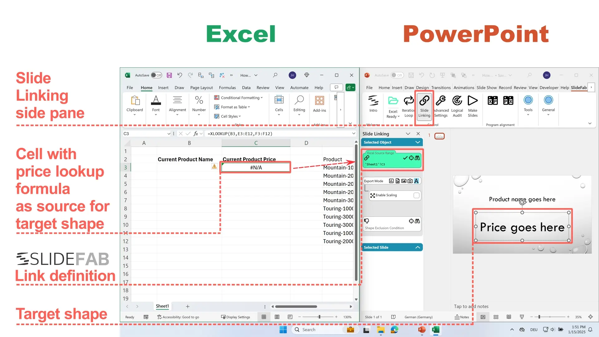 This screenshot shows Excel and PowerPoint. It shows how a cell in Excel is linked to a PowerPoint shape. Here it is for the field Price.