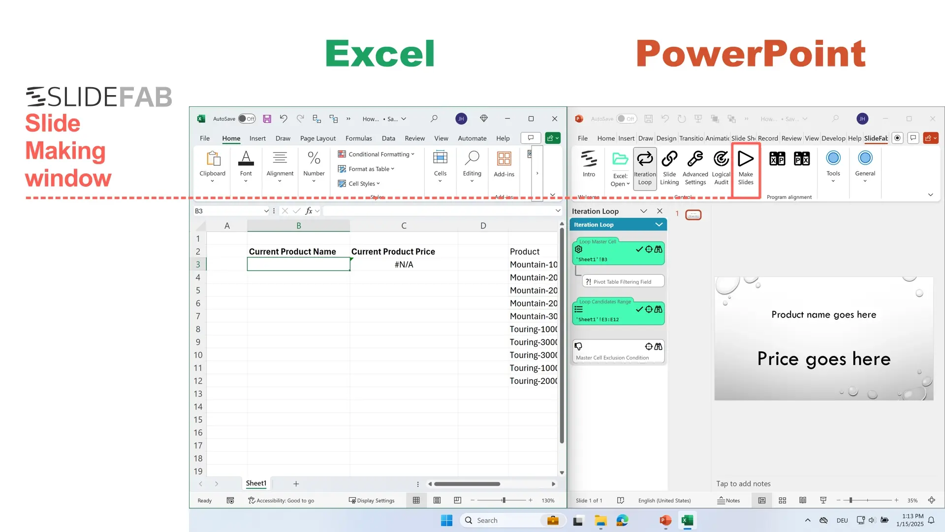 This screenshot shows Excel and PowerPoint and highlights the Make Slides button of SlideFab