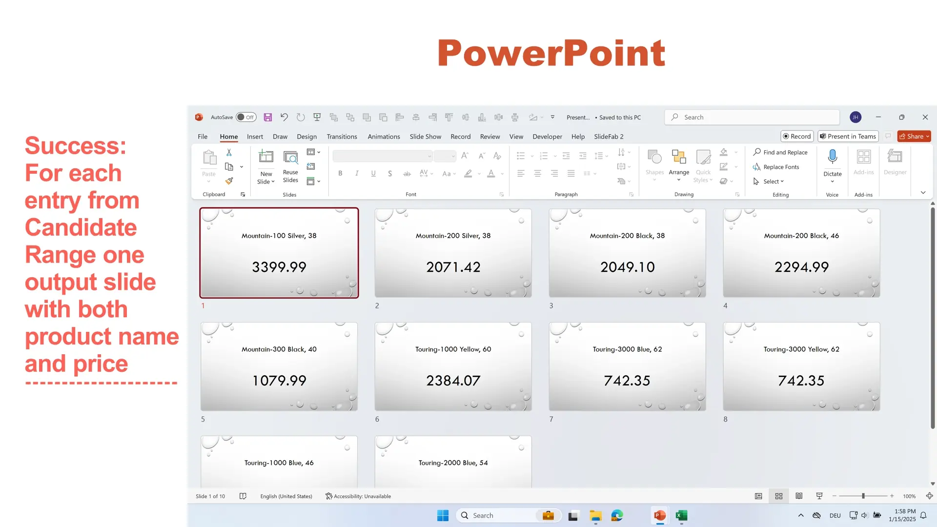 This image shows successfully created PowerPoint slides. Each row from the data led to one new PowerPoint slide. Each new slide contains different data according to the data in Excel