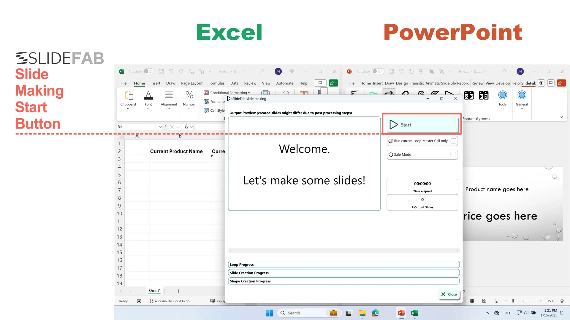 This image shows the SlideFab slide making window. It highlights the Start button which starts the automatic PowerPoint slide creation